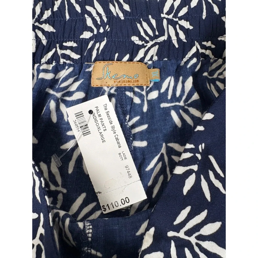 Skemo Palm Pants Navy White Tropical Leaf Print Wide Leg Rayon XL NEW Beach Boho